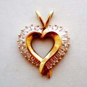 Vintage Solid 14K Yellow Gold Baguette CZ Open Heart Pendant Charm
